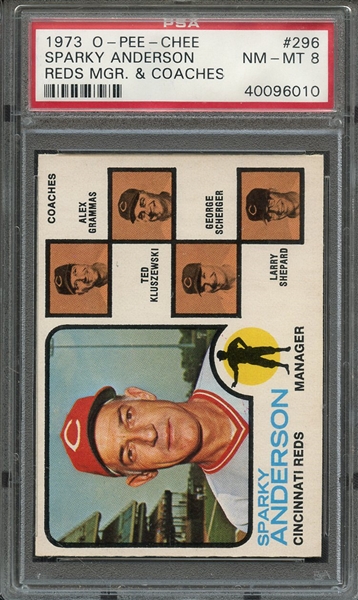 1973 O-PEE-CHEE 296 REDS MGR./COACHES PSA NM-MT 8