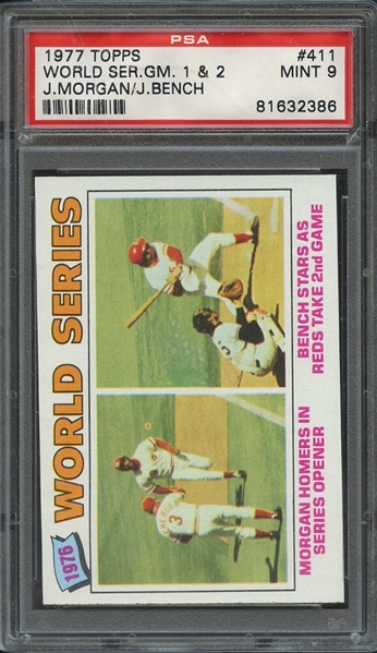 1977 TOPPS 411 WORLD SER.GM. 1 & 2 J.MORGAN/J.BENCH PSA MINT 9