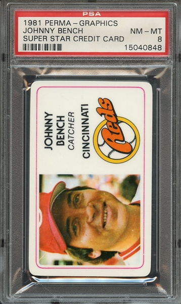 1981 PERMA-GRAPHICS SUPER STAR CREDIT CARD 1 JOHNNY BENCH SUPER STAR CREDIT CARD PSA NM-MT 8