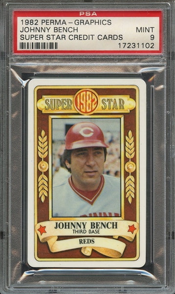 1982 PERMA-GRAPHICS SUPER STAR CREDIT CARDS JOHNNY BENCH SUPER STAR CREDIT CARDS PSA MINT 9
