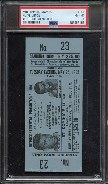 1965 BOXING-FULL TICKET ALI VS. LISTON ALI 1ST ROUND KO-BLUE PSA NM-MT 8
