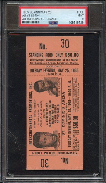 1965 BOXING-FULL TICKET ALI VS. LISTON ALI 1ST ROUND KO-ORANGE PSA MINT 9