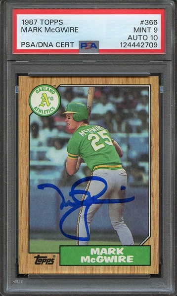 1987 TOPPS 366 SIGNED MARK MCGWIRE PSA MINT 9 PSA/DNA AUTO 10