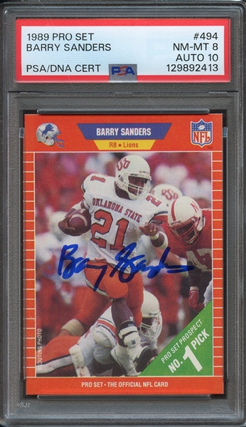 1989 PRO SET 494 SIGNED BARRY SANDERS PSA NM-MT 8 PSA/DNA AUTO 10