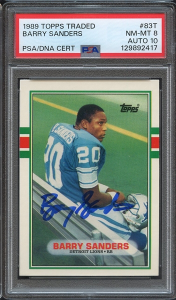 1989 TOPPS TRADED 83T SIGNED BARRY SANDERS PSA NM-MT 8 PSA/DNA AUTO 10