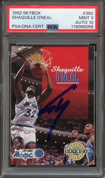 1992 SKYBOX 382 SIGNED SHAQUILLE O'NEAL PSA MINT 9 PSA/DNA AUTO 10