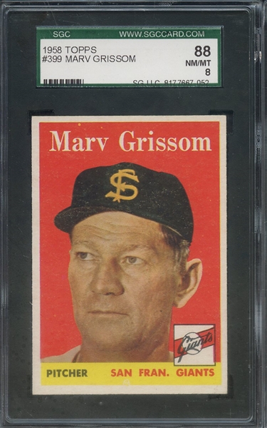 1958 TOPPS 399 MARV GRISSOM SGC NM/MT 88 / 8