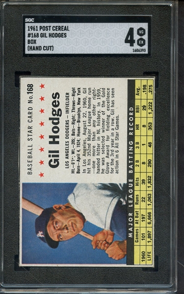 1961 POST CEREAL 168 GIL HODGES SGC VG-EX 4