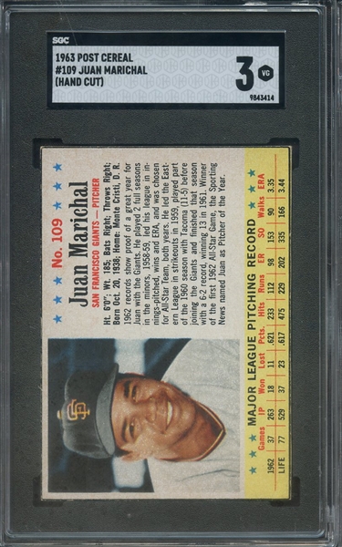 1963 POST CEREAL 109 JUAN MARICHAL SGC VG 3