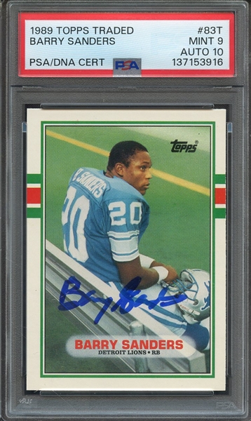 1989 TOPPS TRADED 83T SIGNED BARRY SANDERS PSA MINT 9 PSA/DNA AUTO 10