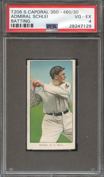 1909-11 T206 SWEET CAPORAL 350-460/30 ADMIRAL SCHLEI BATTING PSA VG-EX 4