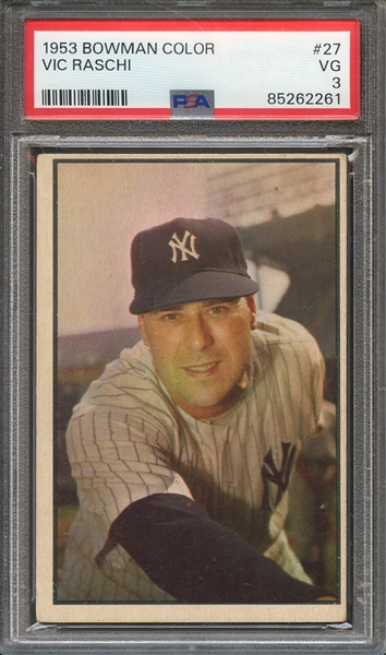 1953 BOWMAN COLOR 27 VIC RASCHI PSA VG 3