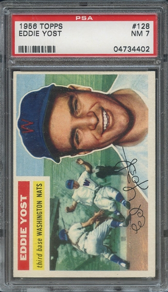 1956 TOPPS 128 EDDIE YOST GRAY BACK PSA NM 7