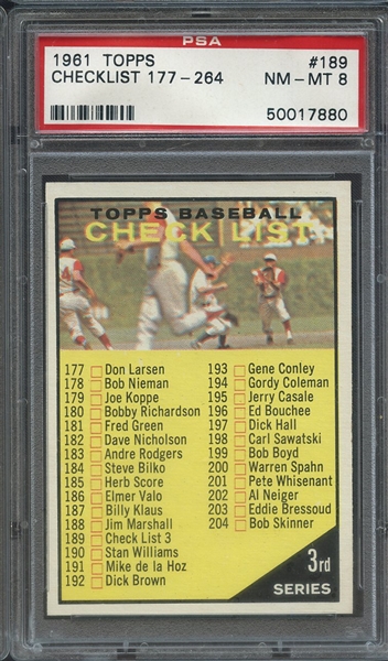 1961 TOPPS 189 CHECKLIST 177-264 COPYRIGHT ALMOST AT #263 PSA NM-MT 8