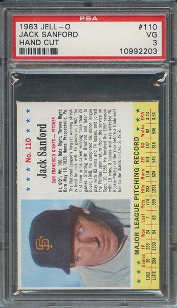 1963 JELL-O 110 JACK SANFORD HAND CUT PSA VG 3
