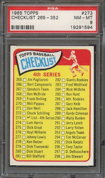 1965 TOPPS 273 CHECKLIST 265-352 PSA NM-MT 8