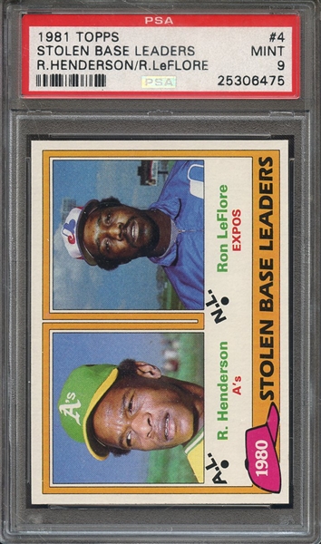 1981 TOPPS 4 STOLEN BASE LEADERS R.HENDERSON/R.LeFLORE PSA MINT 9