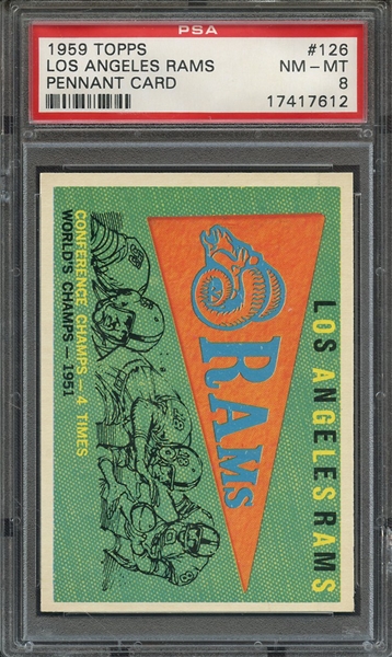 1959 TOPPS 126 LOS ANGELES RAMS PENNANT CARD PSA NM-MT 8