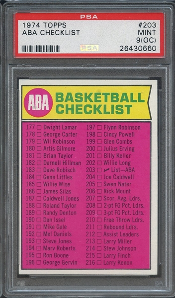 1974 TOPPS 203 ABA CHECKLIST PSA MINT 9 (OC)