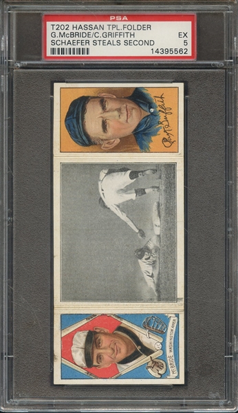 1912 T202 HASSAN TRIPLE FOLDER G.McBRIDE/C.GRIFFITH SCHAEFER STEALS SECOND PSA EX 5