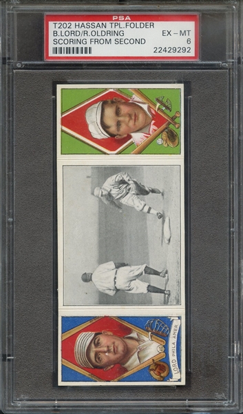 1912 T202 HASSAN TRIPLE FOLDER B.LORD/R.OLDRING SCORING FROM SECOND PSA EX-MT 6
