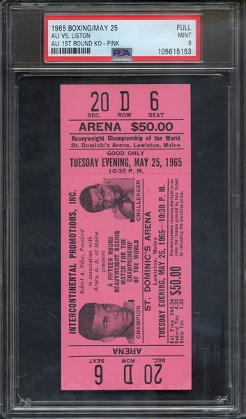 1965 BOXING-FULL FULL ALI VS. LISTON: PINK MUHAMMAD ALI 1ST ROUND KO PSA MINT 9