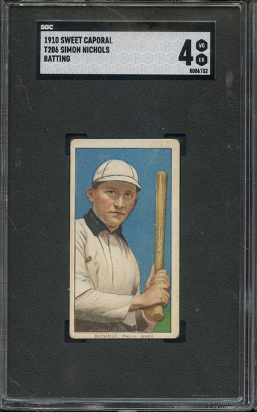 1910 T206 SWEET CAPORAL SIMON NICHOLS BATTING SGC VG-EX 4