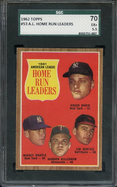 1962 TOPPS 53 AL HOME RUN LEADERS MARIS MANTLE KILLEBREW SGC EX+ 70 / 5.5