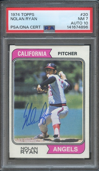 1974 TOPPS 20 SIGNED NOLAN RYAN PSA NM 7 PSA/DNA AUTO 10