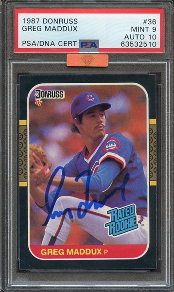 1987 DONRUSS 36 SIGNED GREG MADDUX PSA MINT 9 PSA/DNA AUTO 10 MBA BRONZE