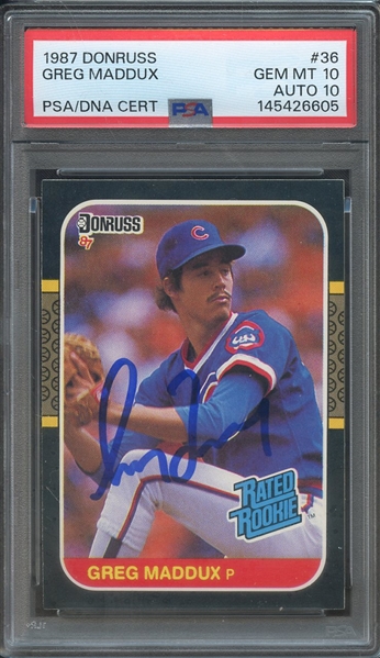1987 DONRUSS 36 SIGNED GREG MADDUX PSA GEM MT 10 PSA/DNA AUTO 10