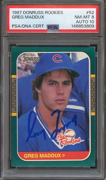 1987 DONRUSS ROOKIES 52 SIGNED GREG MADDUX PSA NM-MT 8 PSA/DNA AUTO 10