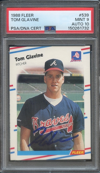 1988 FLEER 539 SIGNED TOM GLAVINE PSA MINT 9 PSA/DNA AUTO 10