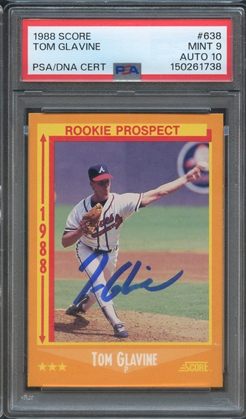 1988 SCORE 638 SIGNED TOM GLAVINE PSA MINT 9 PSA/DNA AUTO 10
