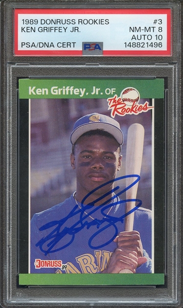 1989 DONRUSS ROOKIES 3 SIGNED KEN GRIFFEY JR PSA NM-MT 8 PSA/DNA AUTO 10