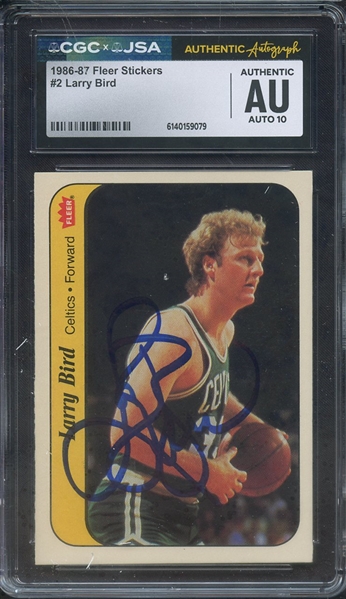 1986 FLEER STICKERS 2 SIGNED LARRY BIRD CGC AUTHENTIC JSA AUTO 10