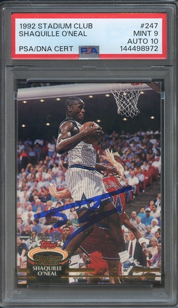 1992 STADIUM CLUB 247 SIGNED SHAQUILLE O'NEAL PSA MINT 9 PSA/DNA AUTO 10