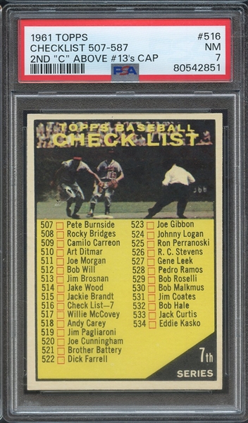 1961 TOPPS 516 CHECKLIST 507-587 2ND "C" ABOVE #13s CAP PSA NM 7