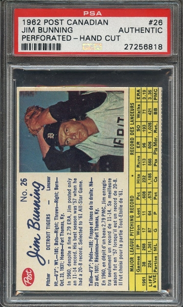 1962 POST CANADIAN 26 JIM BUNNING PERFORATED-HAND CUT PSA AUTHENTIC