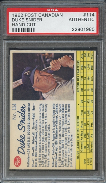 1962 POST CANADIAN 114 DUKE SNIDER HAND CUT PSA AUTHENTIC