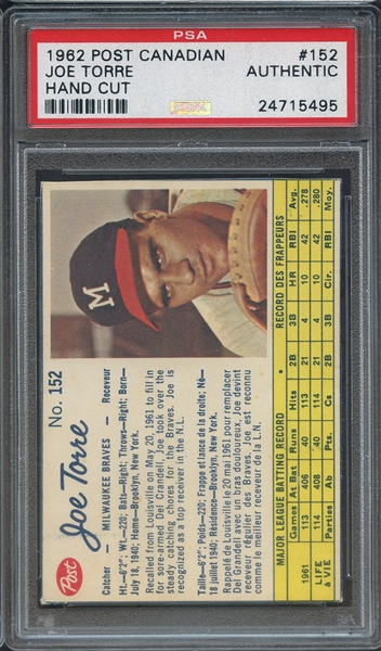 1962 POST CANADIAN 152 JOE TORRE HAND CUT PSA AUTHENTIC
