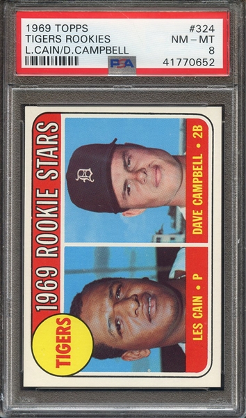 1969 TOPPS 324 TIGERS ROOKIES L.CAIN/D.CAMPBELL PSA NM-MT 8