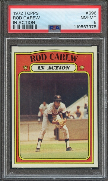 1972 TOPPS 696 ROD CAREW IN ACTION PSA NM-MT 8
