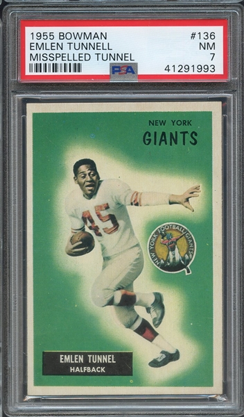 1955 BOWMAN 136 EMLEN TUNNELL MISSPELLED TUNNEL PSA NM 7