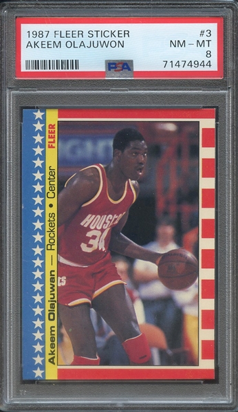 1987 FLEER STICKER 3 AKEEM OLAJUWON  PSA NM-MT 8
