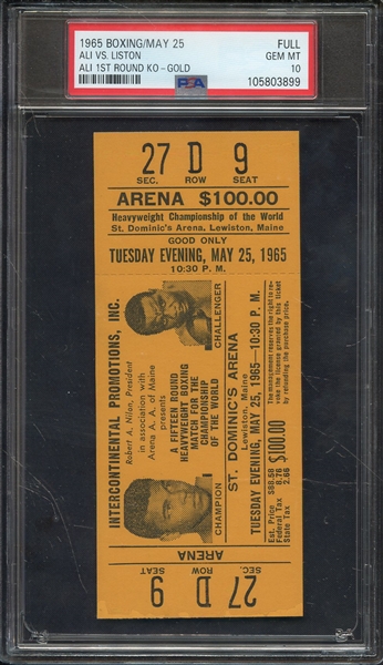 1965 BOXING-FULL FULL ALI VS. LISTON: GOLD MUHAMMAD ALI 1ST ROUND KO PSA GEM MT 10