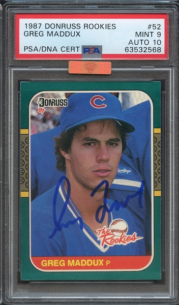 1987 DONRUSS ROOKIES 52 SIGNED GREG MADDUX PSA MINT 9 PSA/DNA AUTO 10 MBA BRONZE