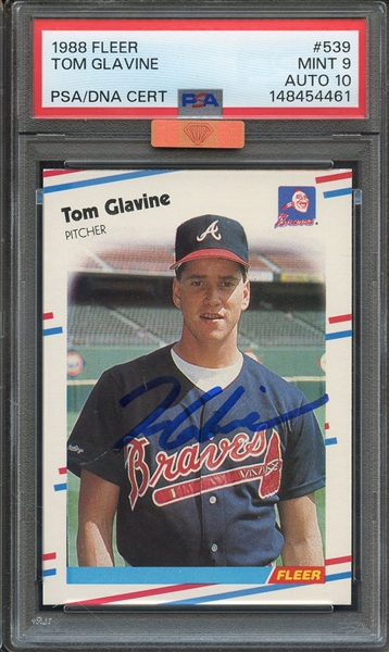 1988 FLEER 539 SIGNED TOM GLAVINE PSA MINT 9 PSA/DNA AUTO 10 MBA BRONZE