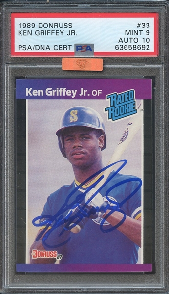 1989 DONRUSS 33 SIGNED KEN GRIFFEY JR PSA MINT 9 PSA/DNA AUTO 10 MBA BRONZE