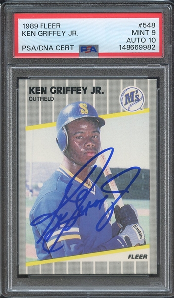 1989 FLEER 548 SIGNED KEN GRIFFEY JR PSA MINT 9 PSA/DNA AUTO 10